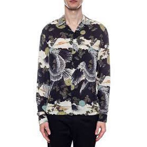 AllSaints Descent Long Sleeve Shirt Printed Button Up Viscose Black Small NWT